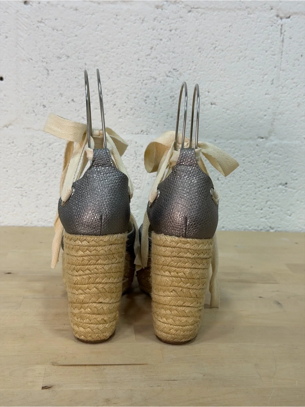 Metallic Silver Espadrille Wedge Sandals with Cream Ribbon Tie